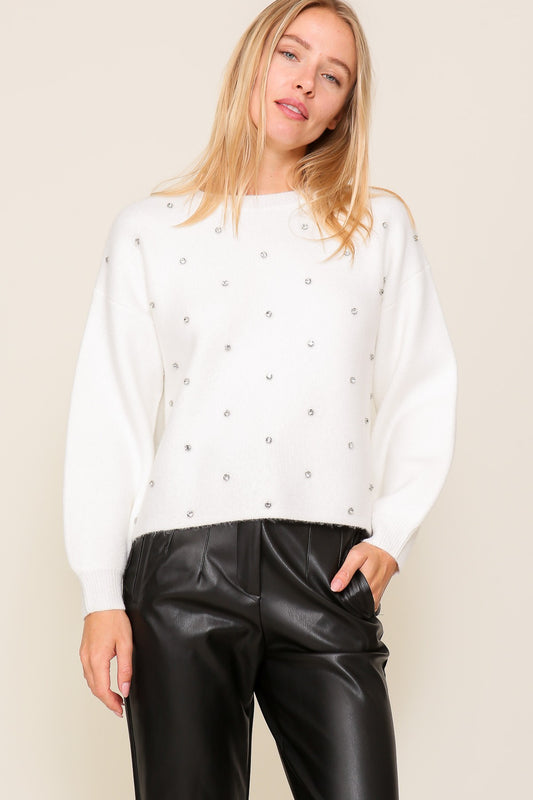 Rhinestone Studded Crew Neck Sweater