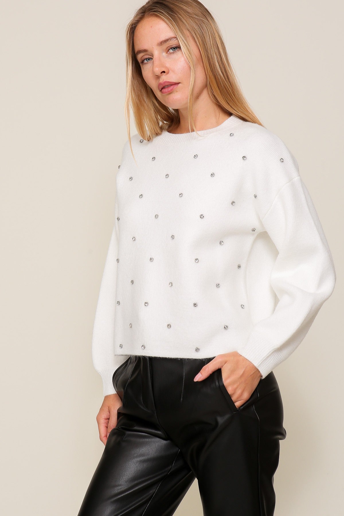 Rhinestone Studded Crew Neck Sweater