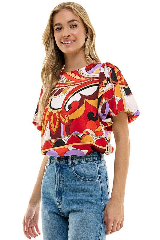 print bubble sleeve top - RK Collections Boutique