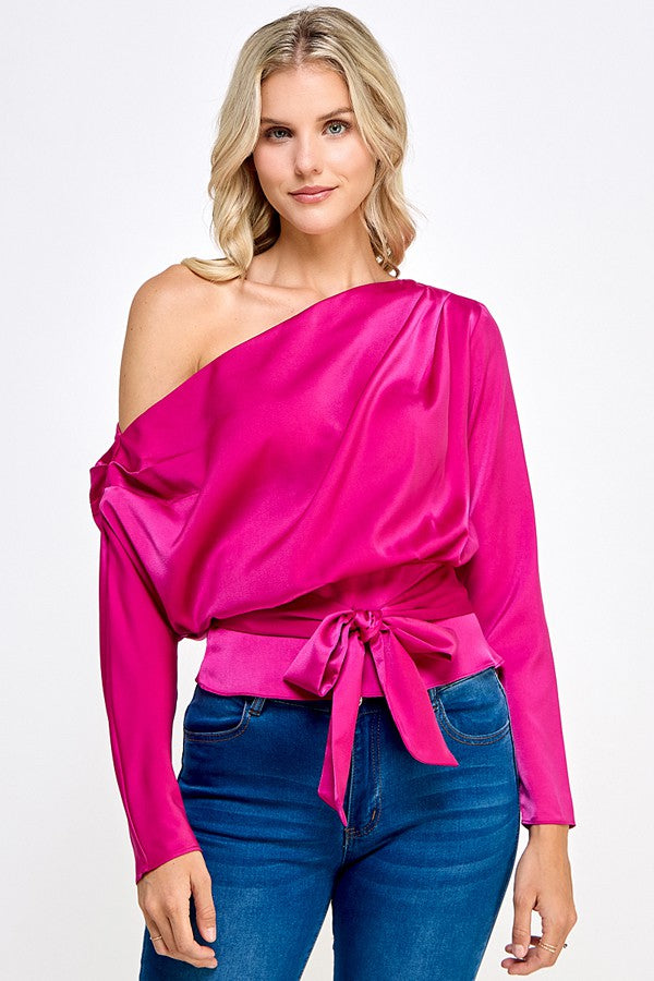 l/s off one shoulder satin belted top