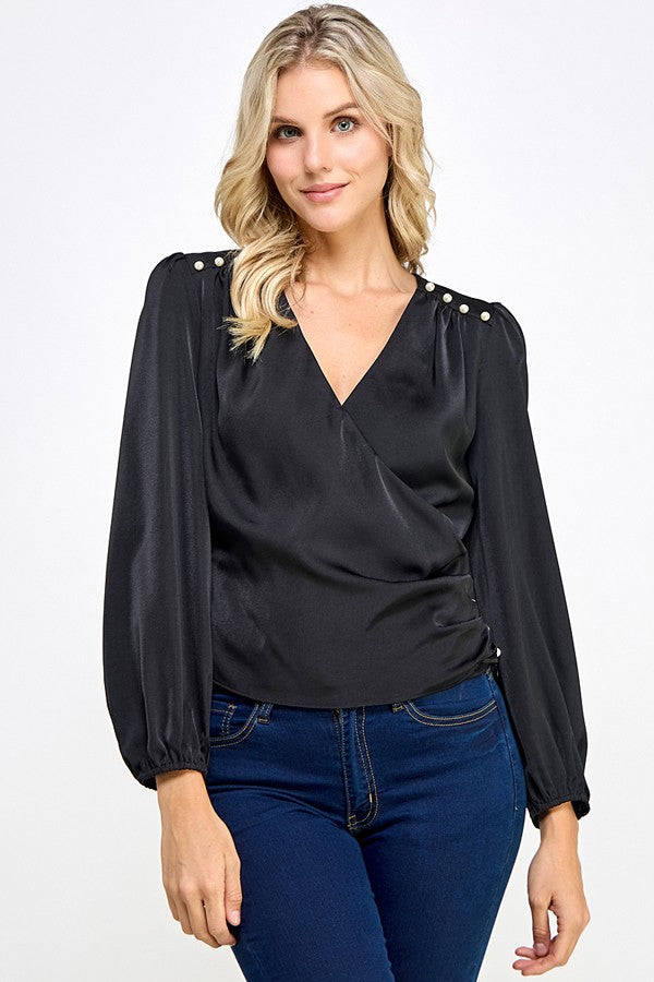 Peal Shoulder Long Sleeve Surplice Satin Top