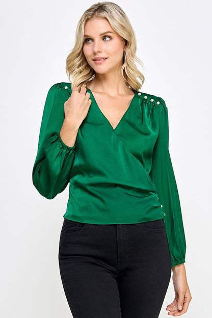 Peal Shoulder Long Sleeve Surplice Satin Top