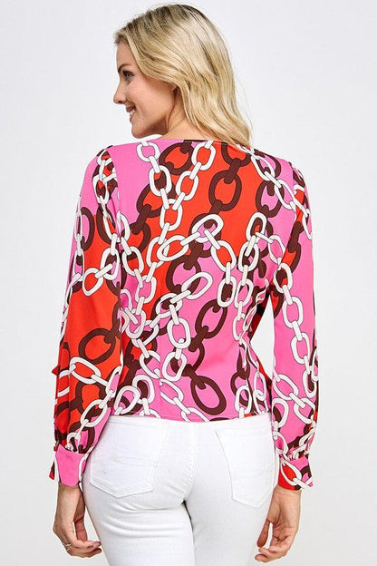 chain print long sleeve surplice top - RK Collections Boutique