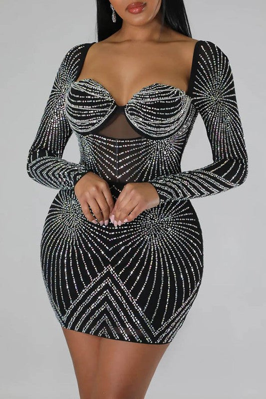 long sleeve rhinestone starburst bustier dress