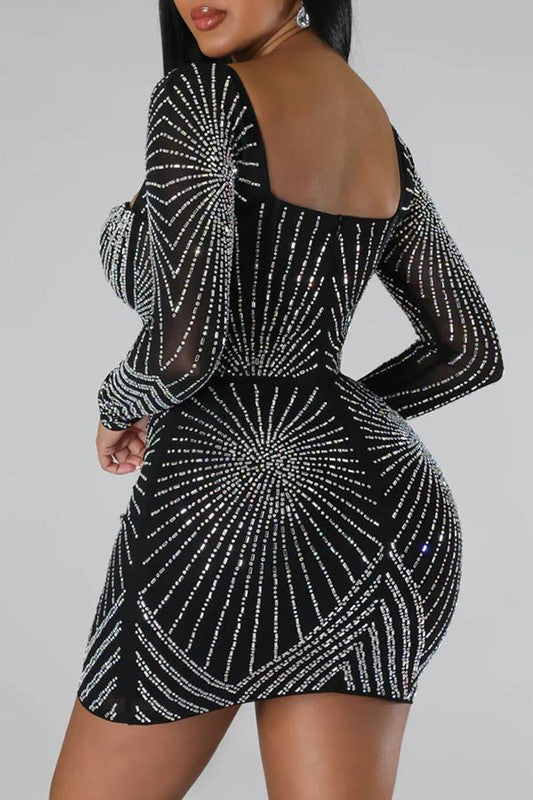 long sleeve rhinestone starburst bustier dress