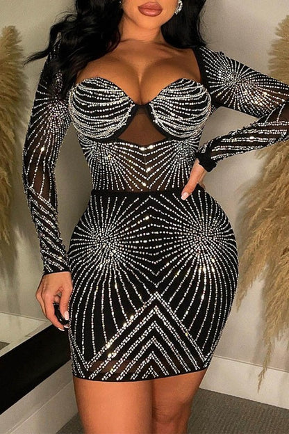 long sleeve rhinestone starburst bustier dress