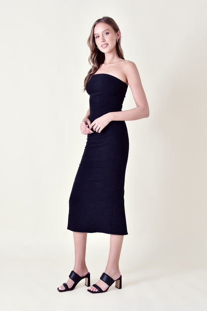 strapless denim midi dress