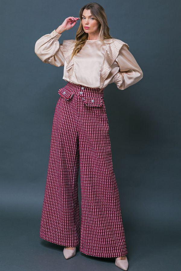 tweed wide leg pearl button plaid pants - RK Collections Boutique