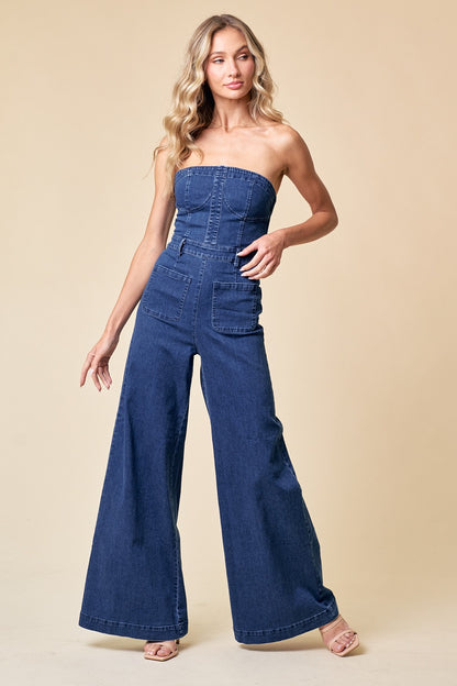 strapless wide leg denim jumpsuit