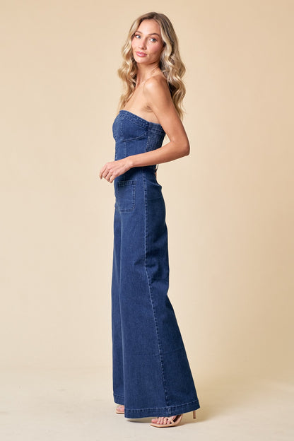 strapless wide leg denim jumpsuit