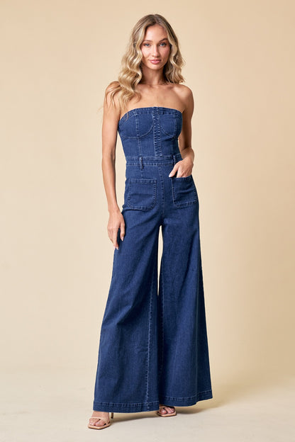 strapless wide leg denim jumpsuit