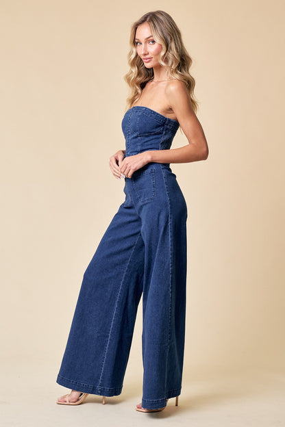 strapless wide leg denim jumpsuit