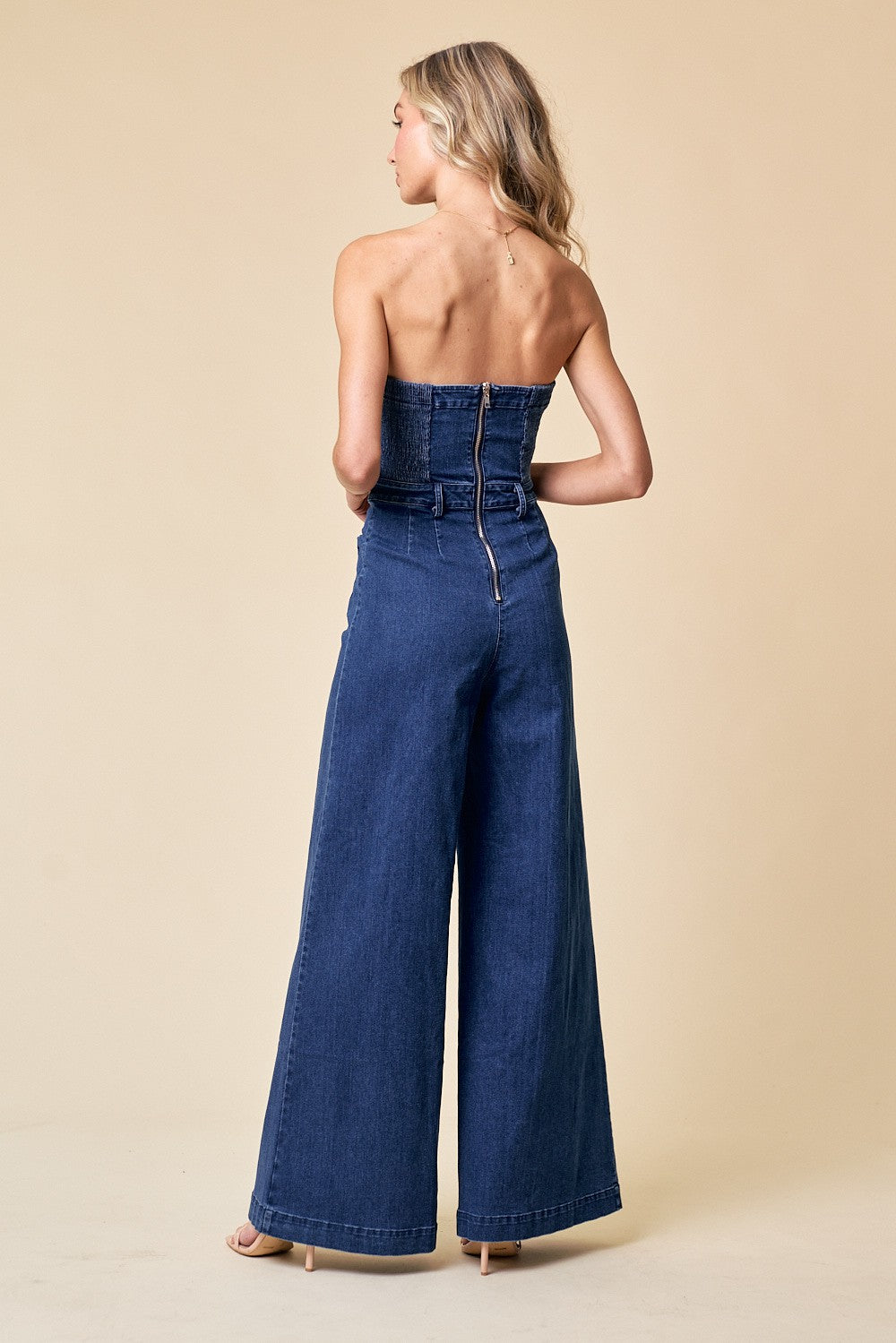 strapless wide leg denim jumpsuit