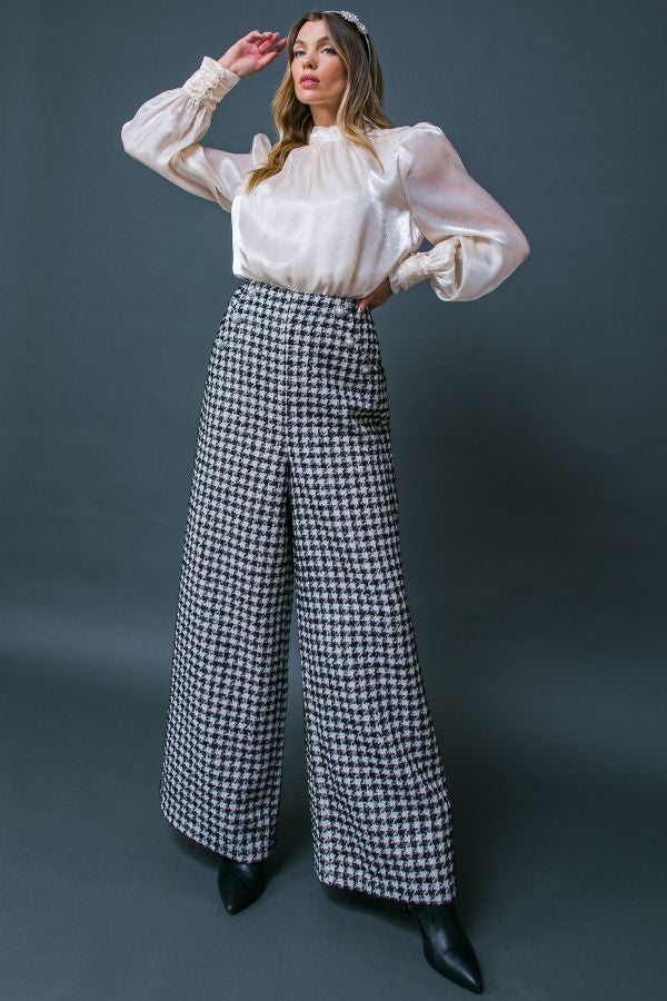 tweed houndstooth wide leg pearl button pants