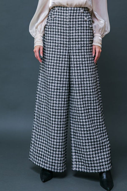 tweed houndstooth wide leg pearl button pants