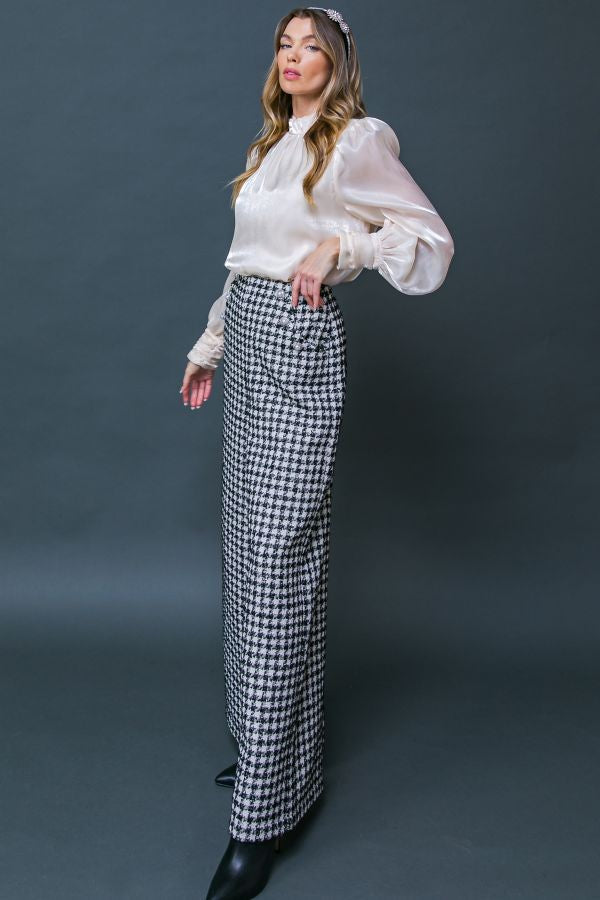 tweed houndstooth wide leg pearl button pants