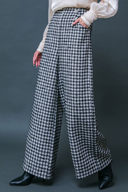 tweed houndstooth wide leg pearl button pants