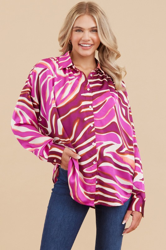 Swirl Print Satin Long Sleeve Button Down Blouse