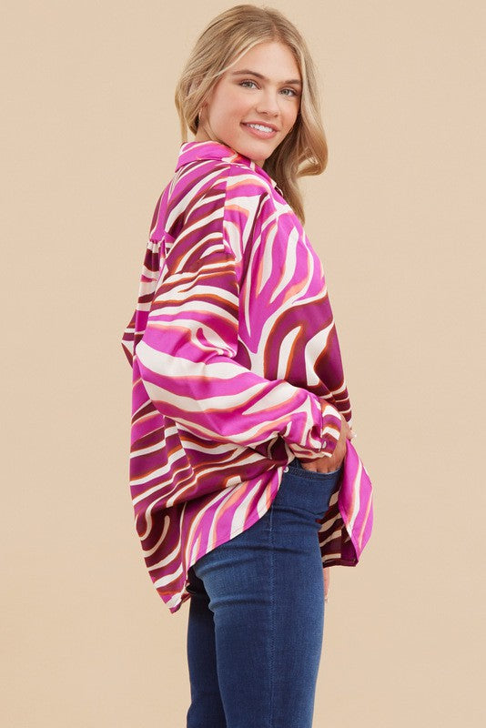 Swirl Print Satin Long Sleeve Button Down Blouse