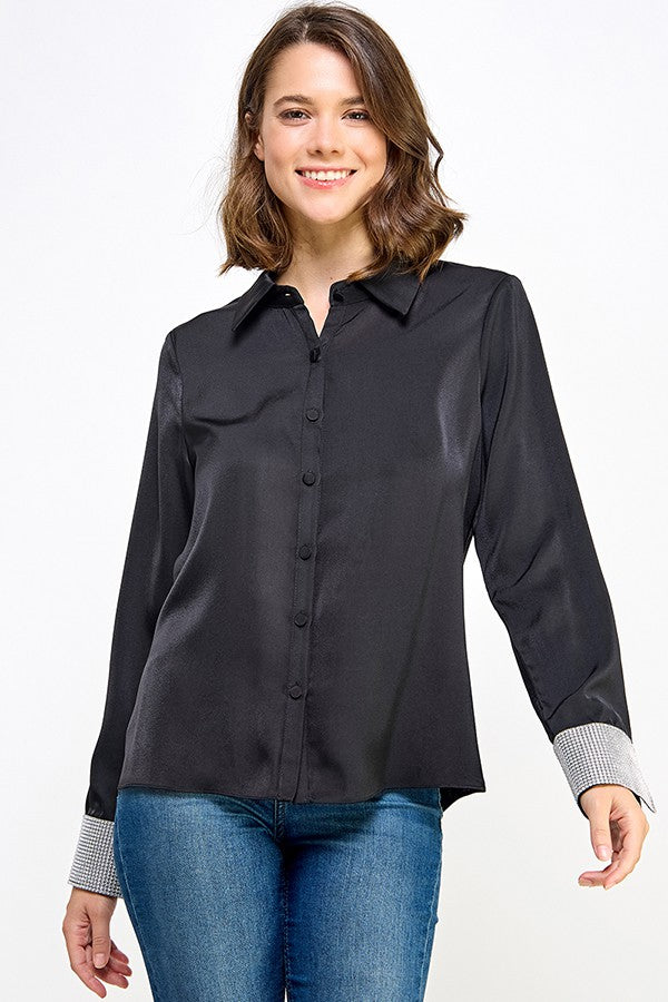 rhinestone cuff satin button down top