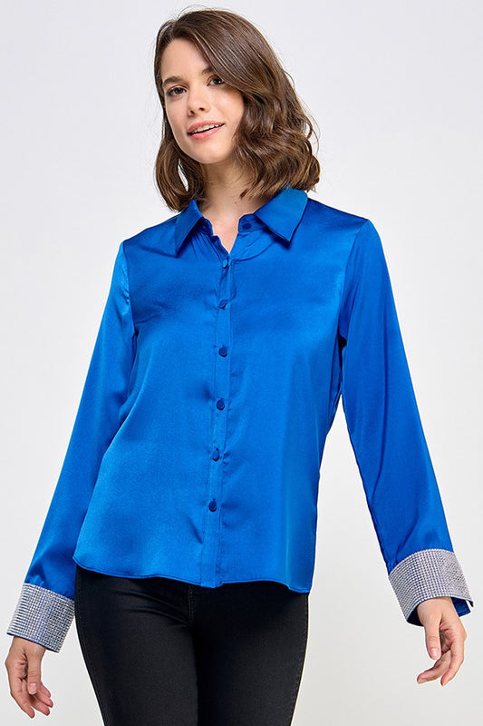 rhinestone cuff satin button down top