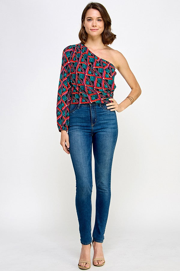 retro print one sleeve top