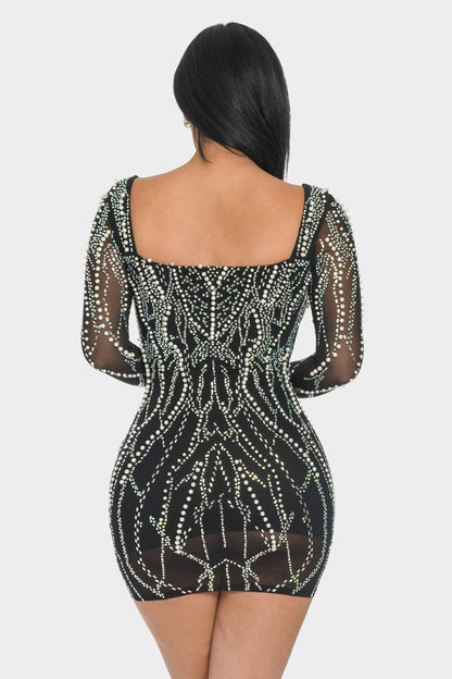 sheer long sleeve rhinestone & pearl mini dress - RK Collections Boutique