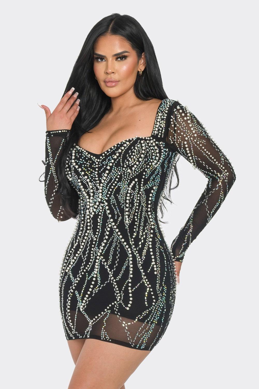 sheer long sleeve rhinestone & pearl mini dress - RK Collections Boutique