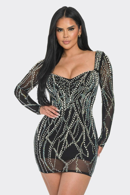 sheer long sleeve rhinestone & pearl mini dress - RK Collections Boutique