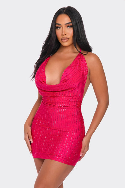 rhinestone studded halter mini dress