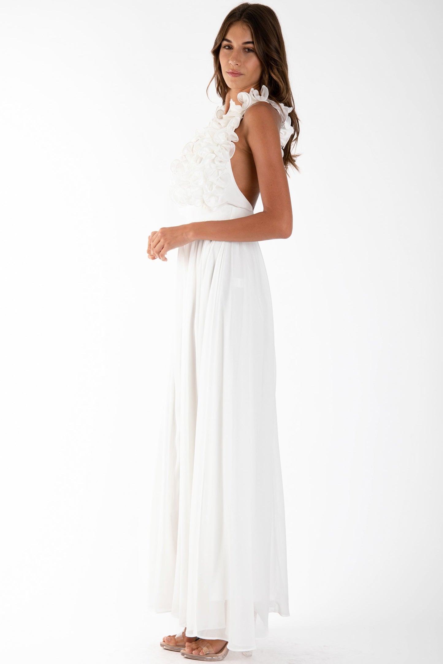 ruffle bust halter maxi dress