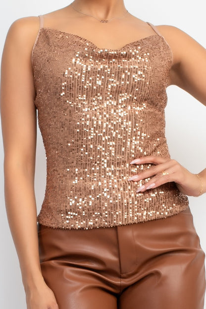 Sequin Cowl Neck Sleeveless Top