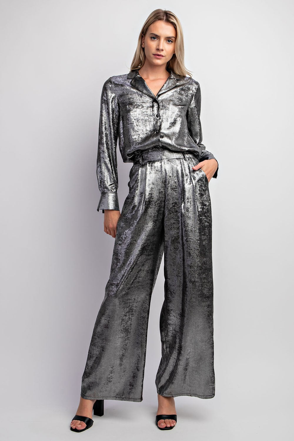 metallic wide leg pants