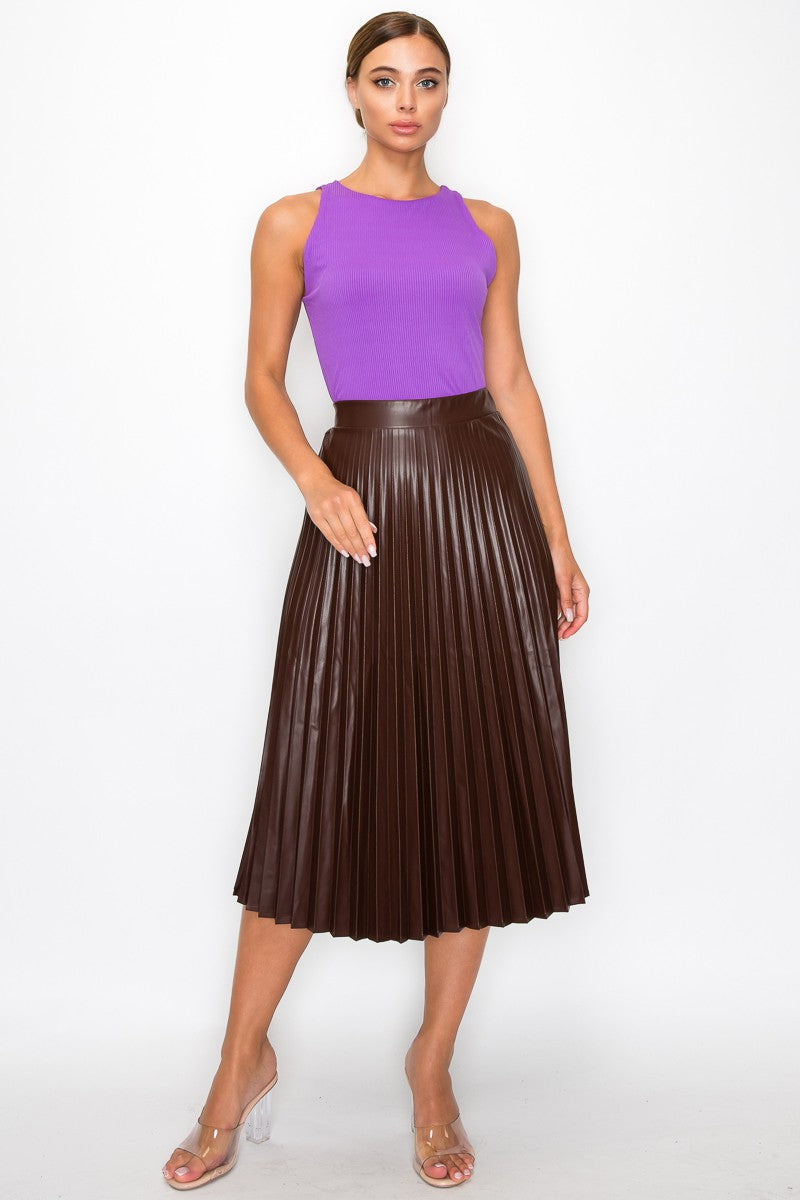 Faux Leather High-Rise Pleated Midi Skirt