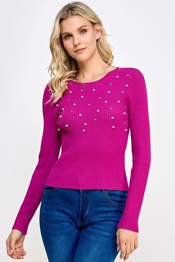 pearl ribbed long sleeve knit top