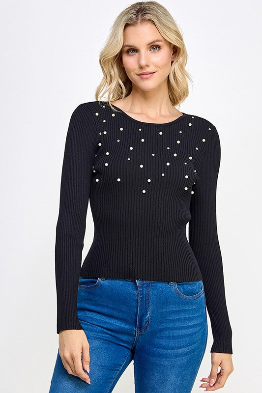 pearl ribbed long sleeve knit top