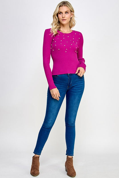 pearl ribbed long sleeve knit top