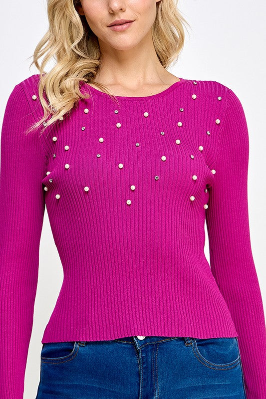 pearl ribbed long sleeve knit top