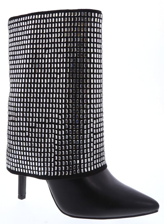 fold over rhinestone pointed toe stiletto bootie