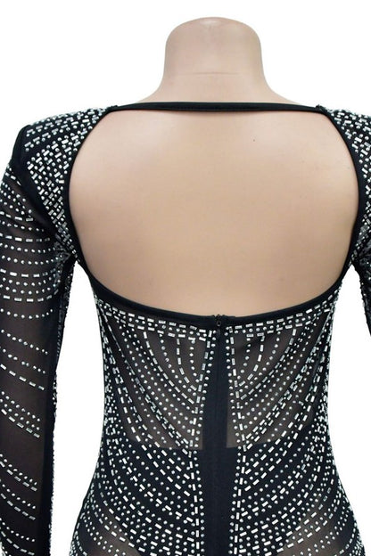 long sleeve rhinestone studded bustier dress