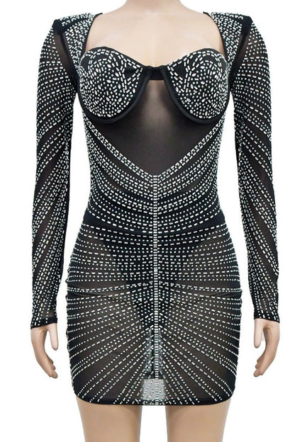 long sleeve rhinestone studded bustier dress