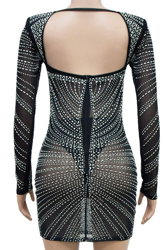 long sleeve rhinestone studded bustier dress