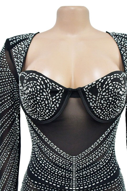 long sleeve rhinestone studded bustier dress