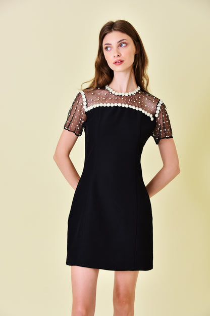 pearl studded contrast sheer short sleeve dress