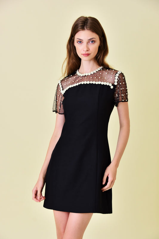 pearl studded contrast sheer short sleeve dress