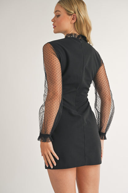 sheer dotted sleeve high neck dress