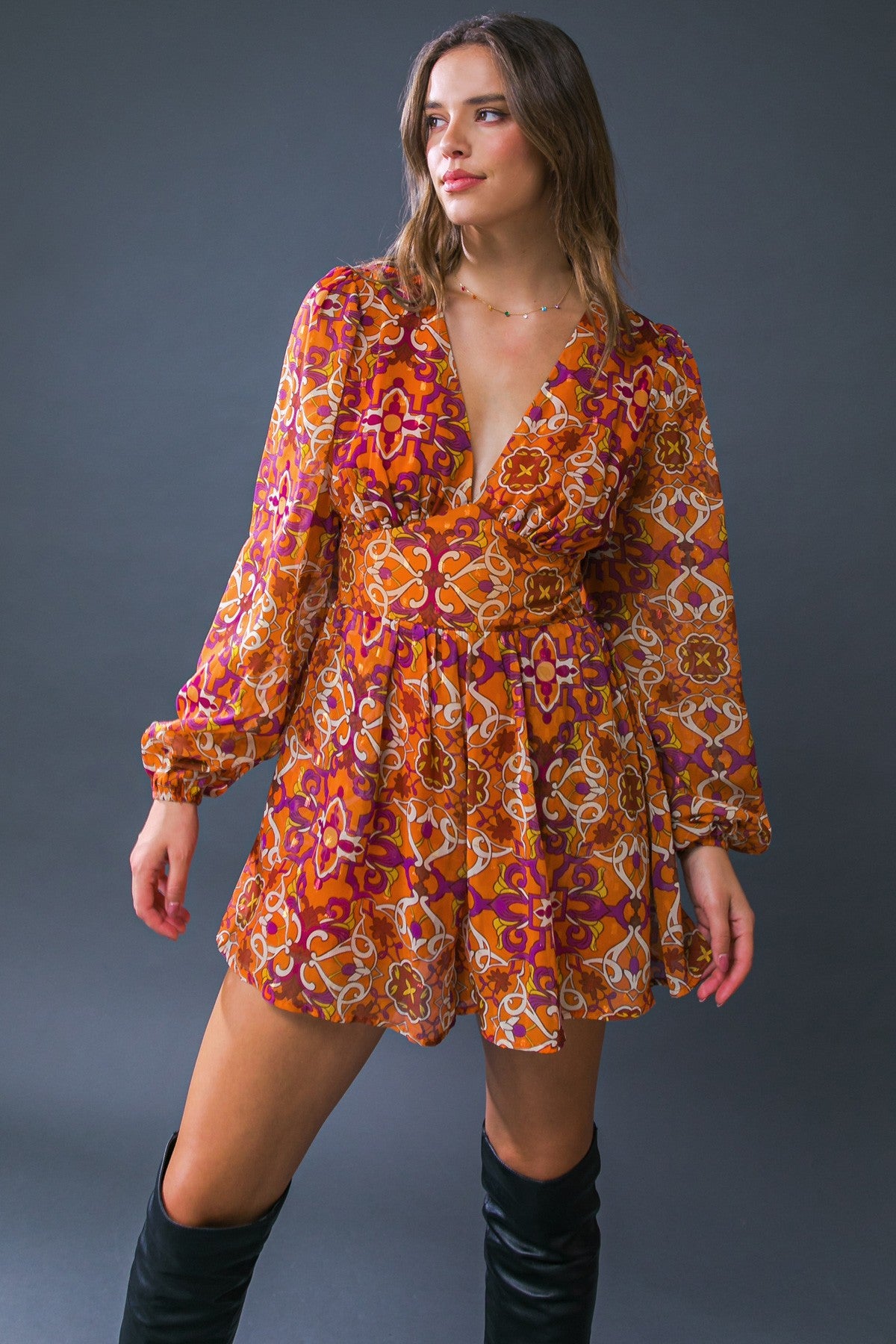 retro print long sleeve romper