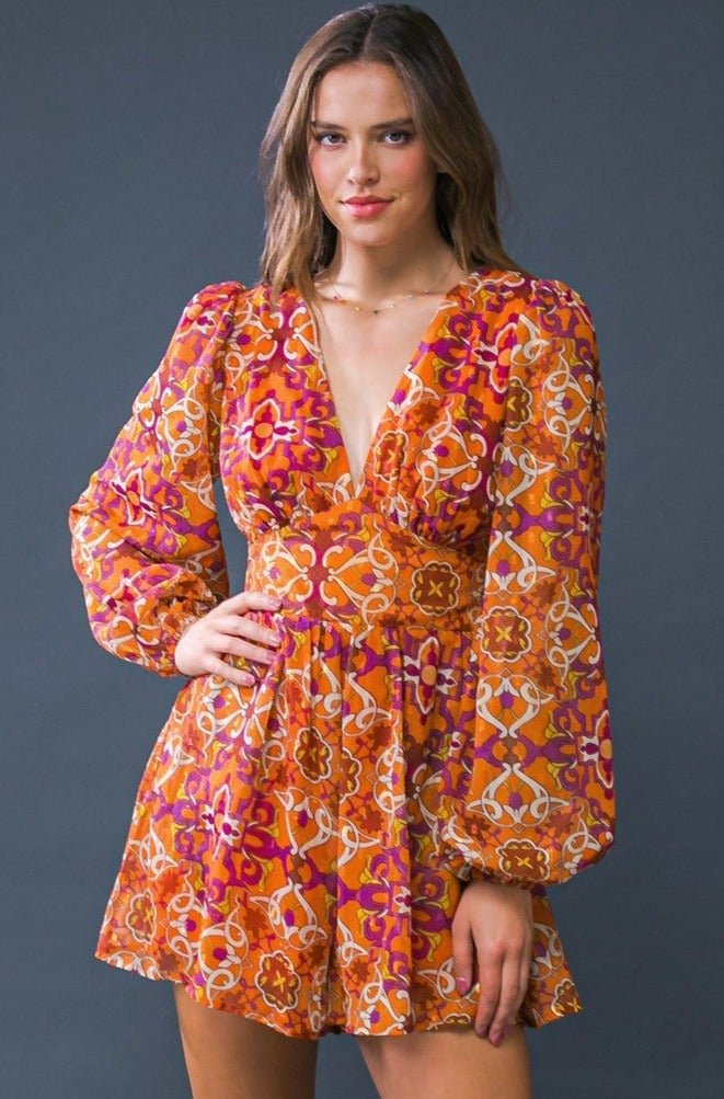 retro print long sleeve romper