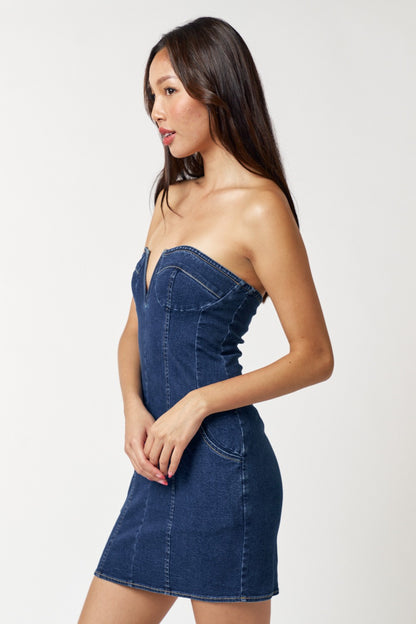 denim notched v strapless corset dress