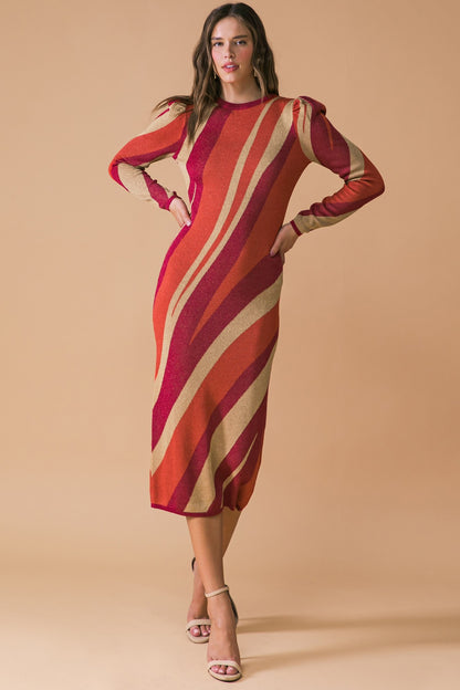 long sleeve print knit midi dress